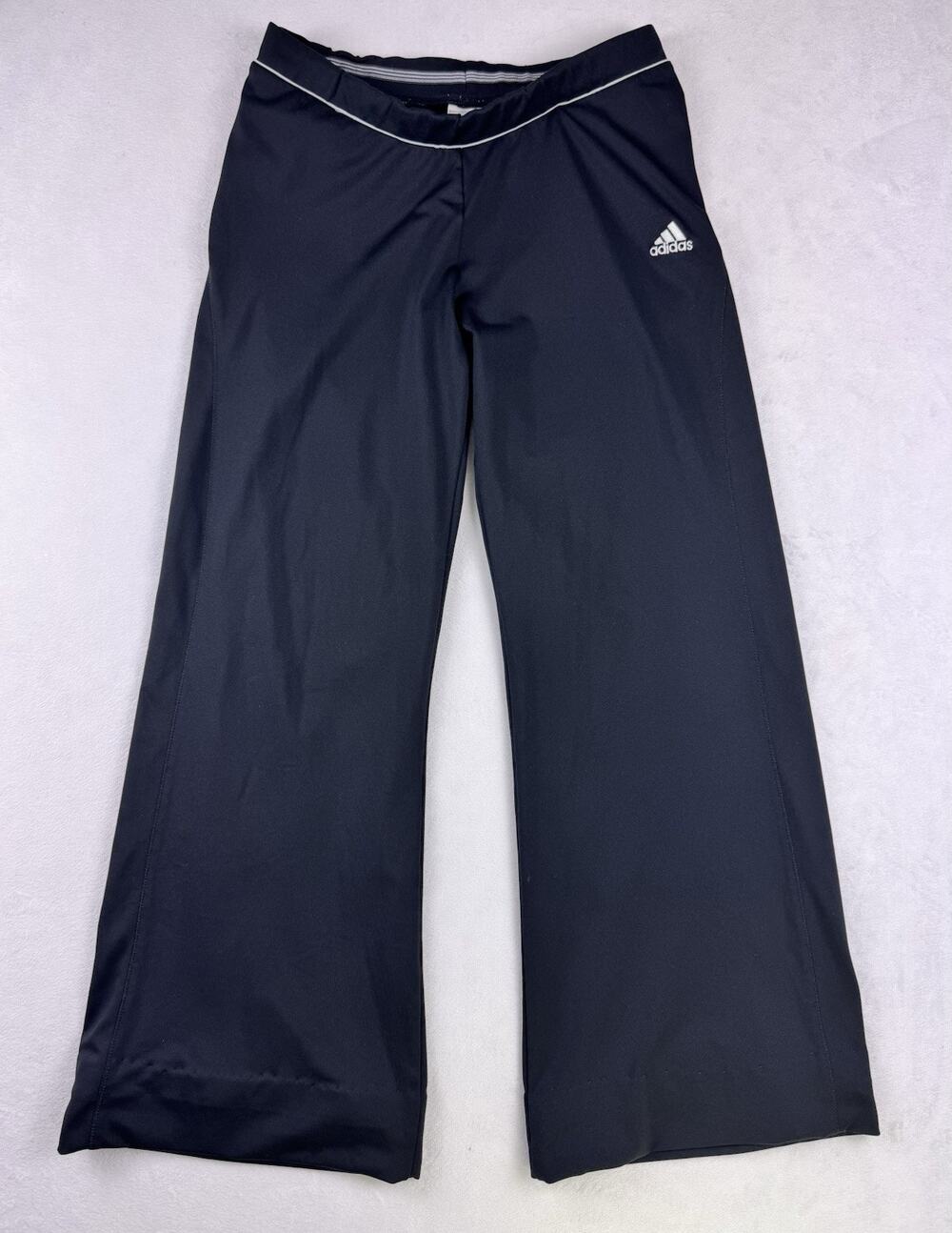 Adidas Women’s Black Wide Leg Yoga Pants White Logo Size M Athletic Lounge